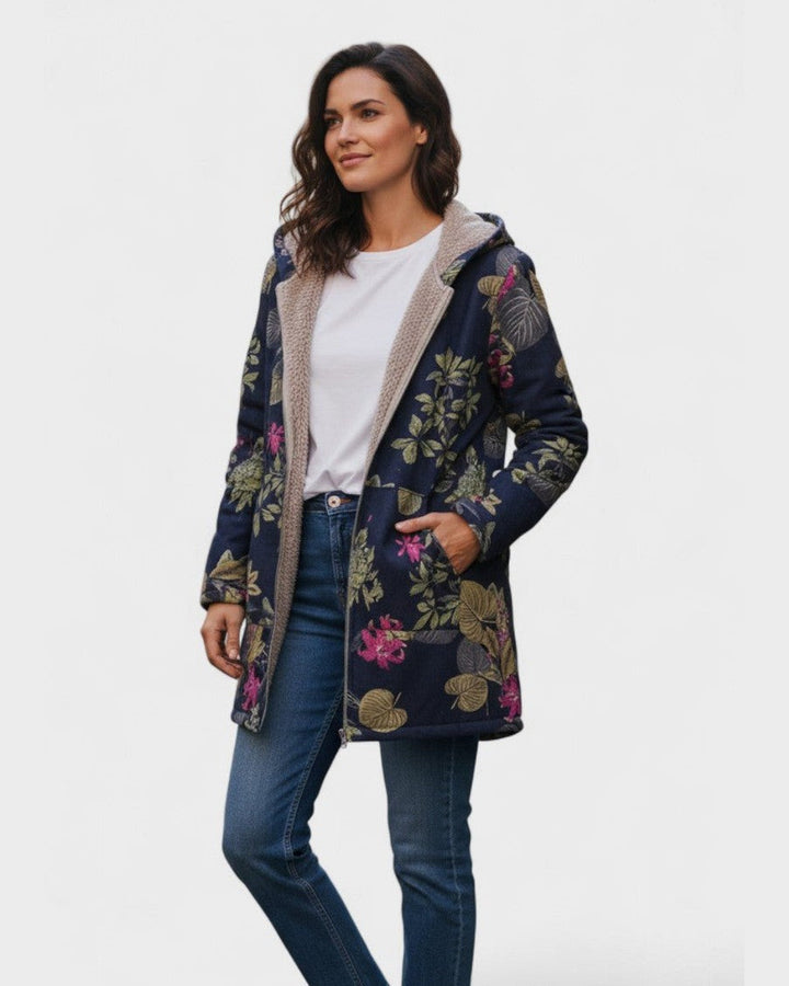 Aurora | Azul Marinho com Flores Plush Casaco