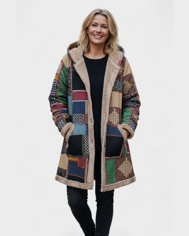 Outono | Patchwork Terroso Casaco Aconchegante com Capuz